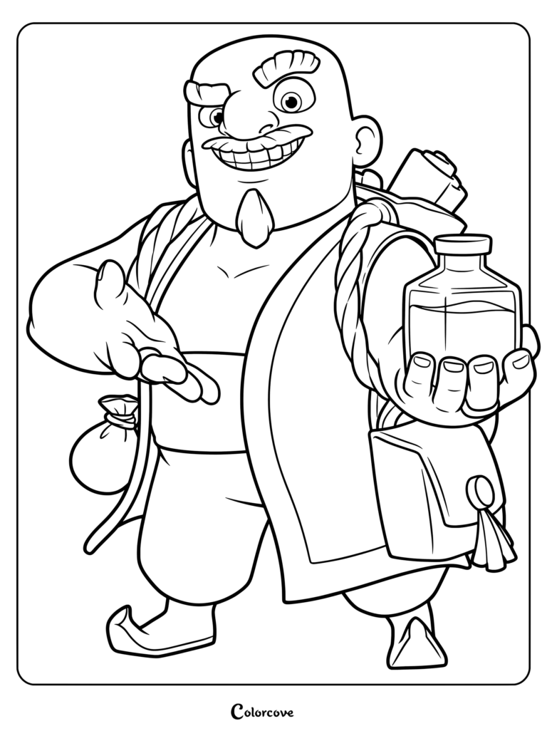 The Trader from Clash of Clans holding a potion bottle, detailed line art coloring page.