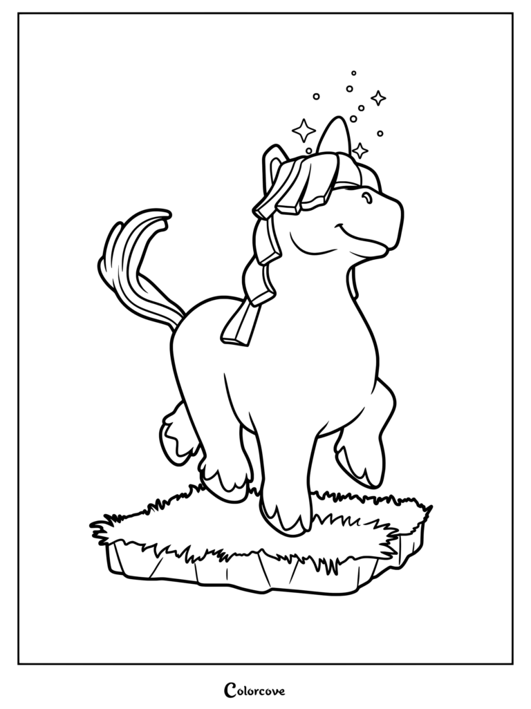Clash of Clans Unicorn character with a magical horn and flowing mane on a grassy patch coloring page