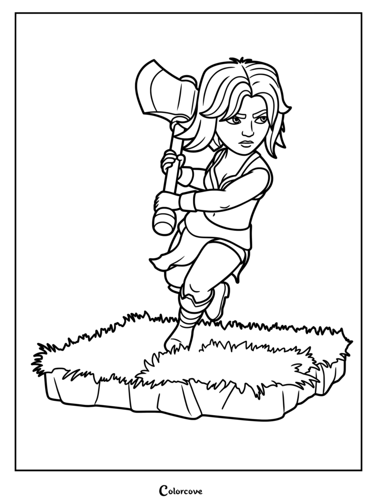 Clash of Clans Valkyrie wielding her double-bladed axe on a grassy patch in this printable coloring page.