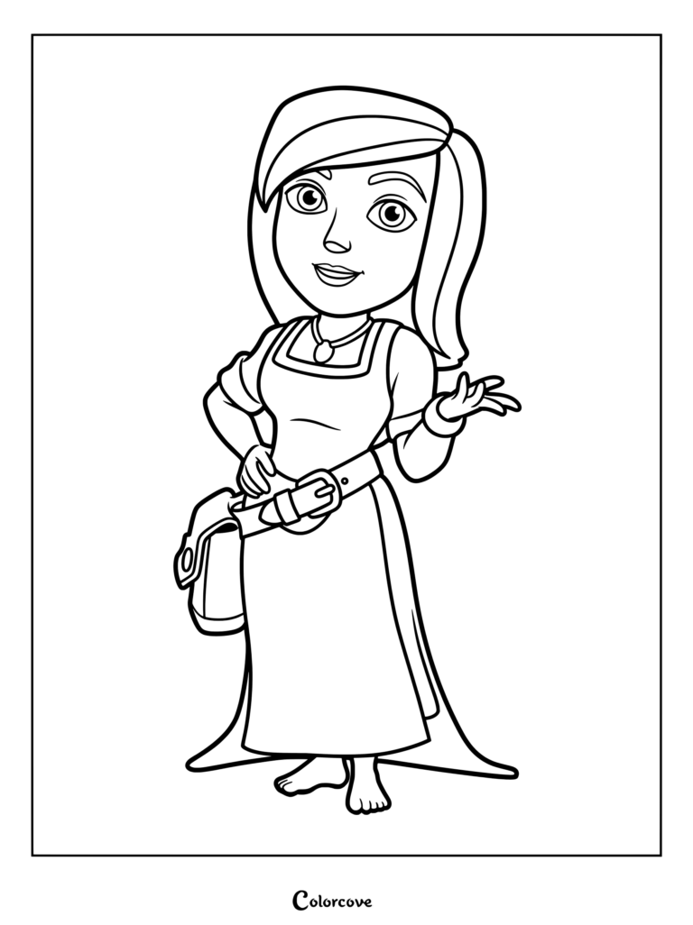 A line art coloring page of the Villager from Clash of Clans, featuring her signature dress, belt, and necklace.