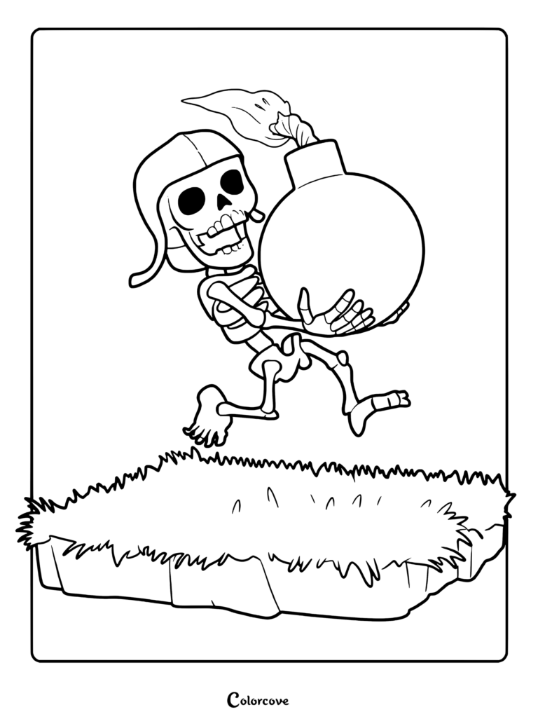 Wall Breaker skeleton wearing a leather helmet and carrying a large lit bomb in this Clash of Clans coloring page.