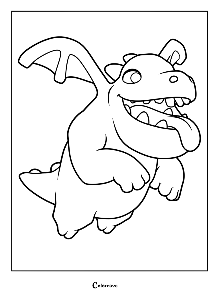 Baby Dragon from Clash of Clans with tongue out in a line art coloring page