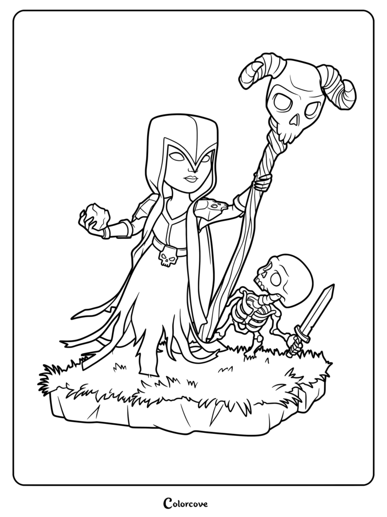 Clash of Clans Witch holding a skull staff with a summoned skeleton warrior, printable coloring page.