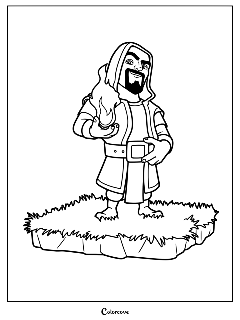 Clash of Clans Wizard holding a fireball in his hand, printable coloring page line art.