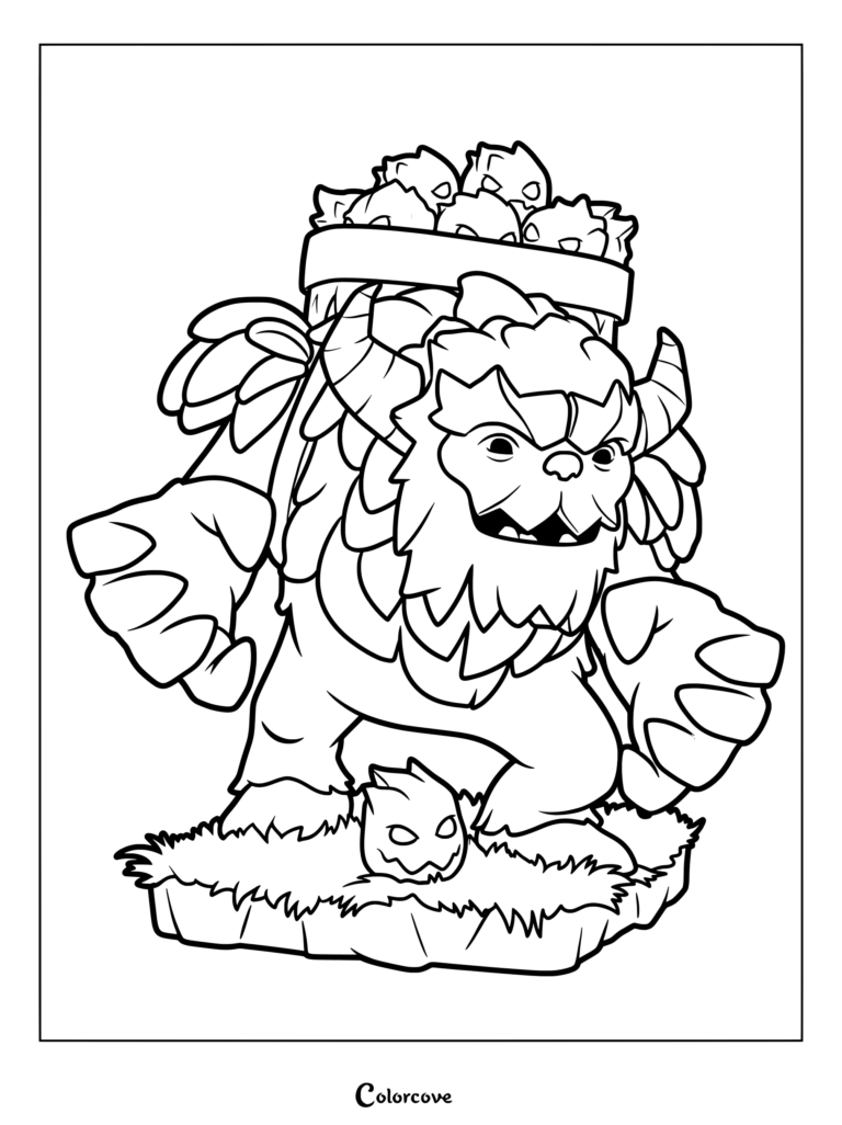 A detailed Clash of Clans Yeti coloring page featuring the character carrying a basket of Yetimites on his back.