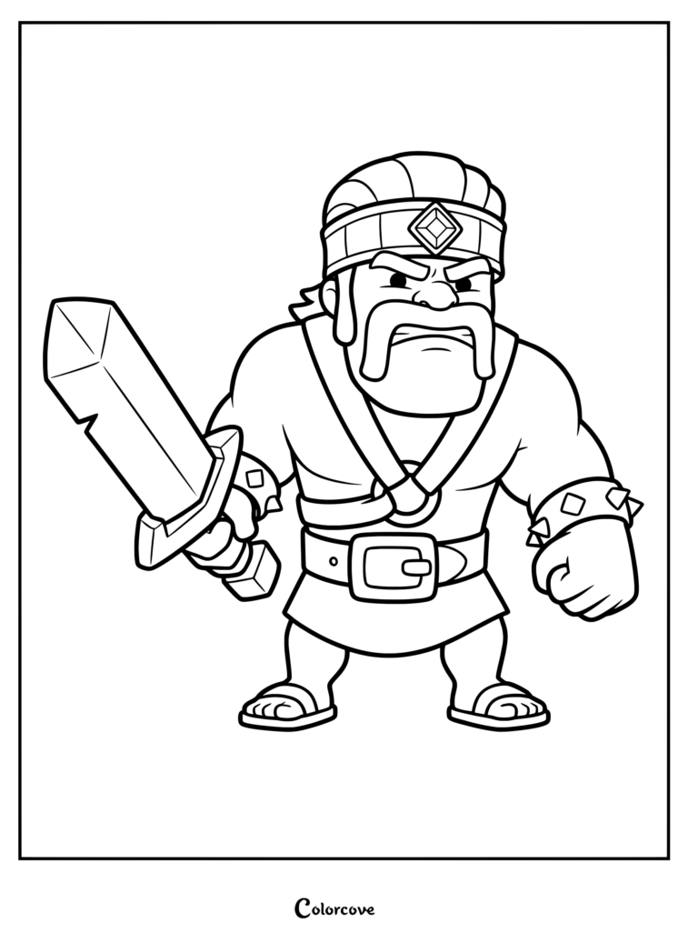 A printable coloring page featuring the Barbarian from Clash of Clans holding his sword with a fierce expression.