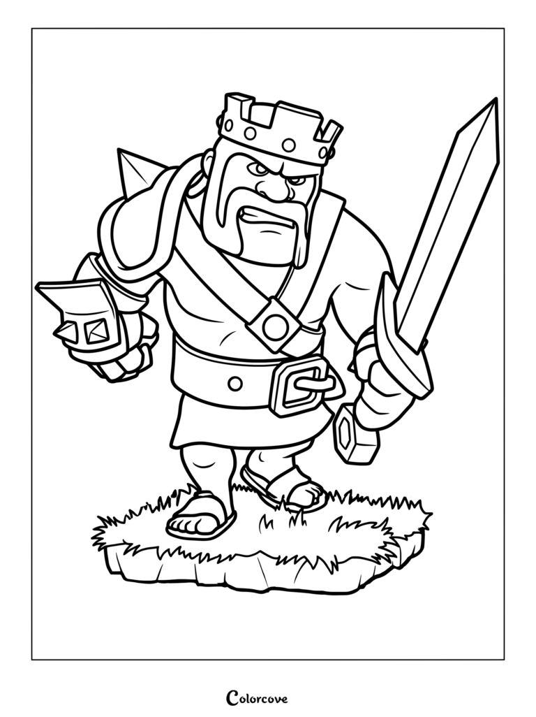 Barbarian King from Clash of Clans holding a sword and wearing a crown, detailed line art coloring page.