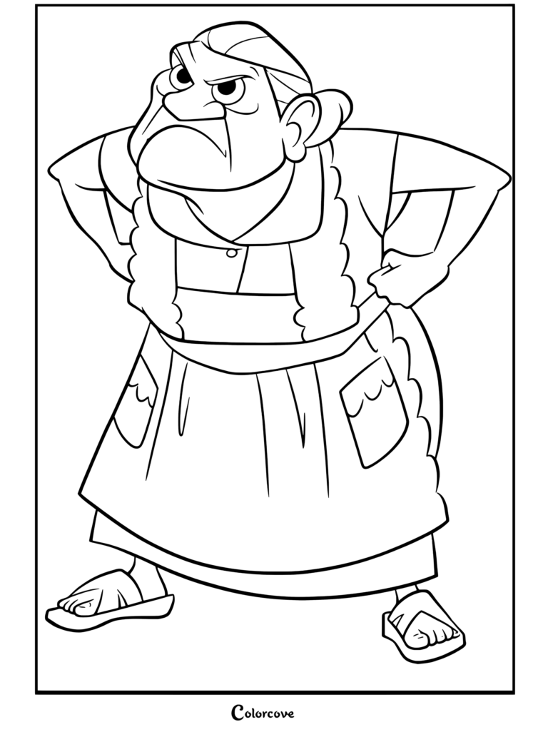 Dibujo para colorear de Abuelita Elena Rivera de pie con las manos en la cadera luciendo enojada y severa de Coco.