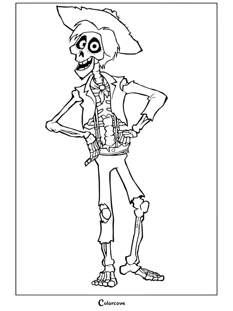 Dibujo para colorear de Héctor de Coco sonriendo con confianza usando sombrero de paja, chaqueta morada y pantalones a rayas.