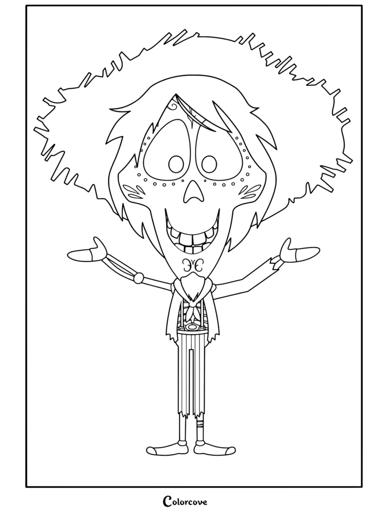 Dibujo para colorear de Héctor de Coco sonriendo con sombrero de paja y chaqueta morada con los brazos extendidos