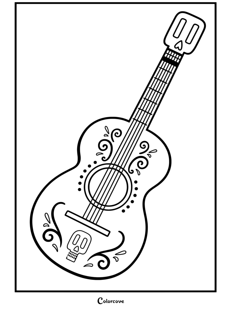 Dibujo para colorear imprimible de la guitarra acústica blanca de Héctor de Coco, con clavijero y cordal en forma de calavera.