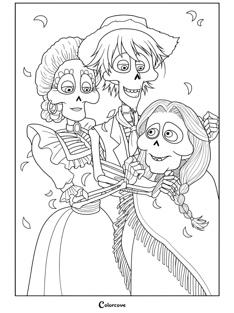 Dibujo para colorear de Imelda, Héctor y Coco sonriendo juntos rodeados de pétalos de cempasúchil de Coco