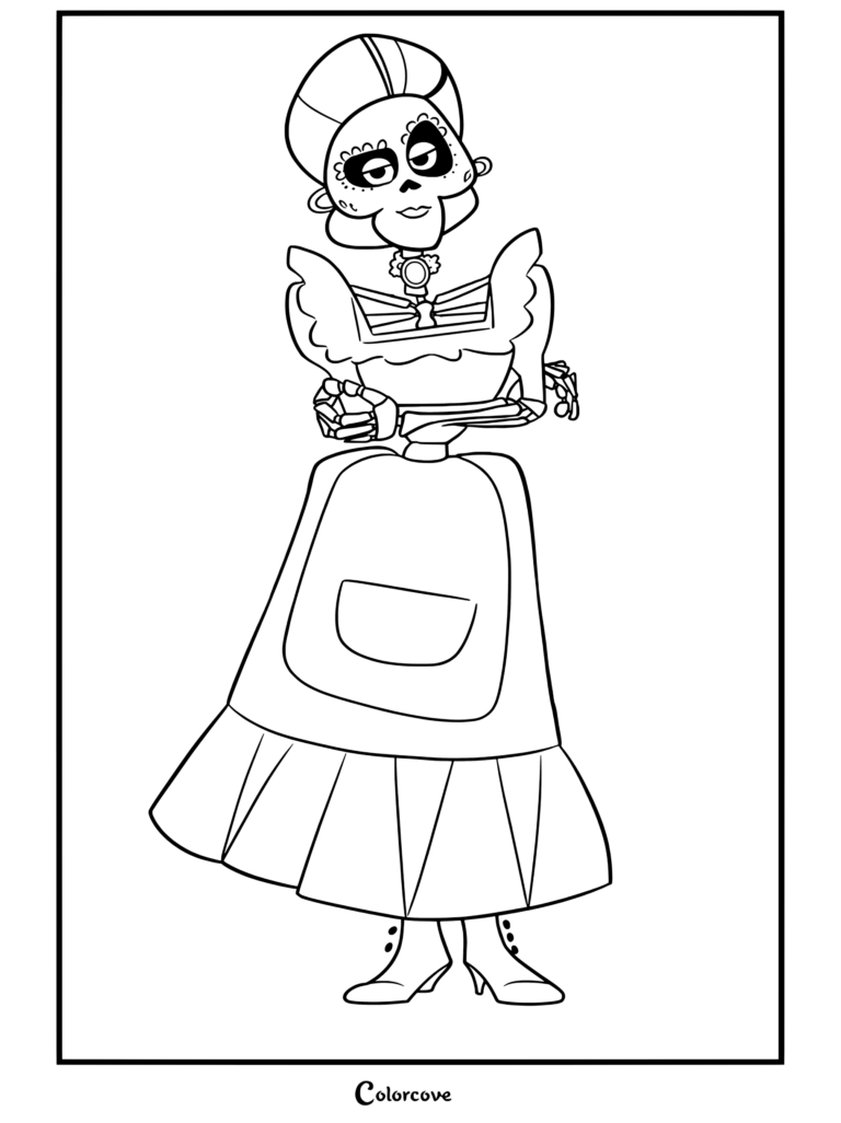 Dibujo para colorear de Imelda Rivera de pie con los brazos cruzados usando vestido morado y delantal marrón de Coco.