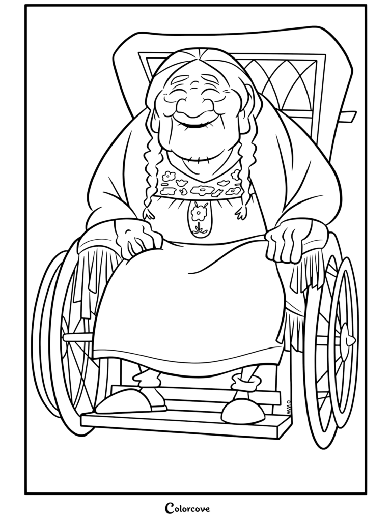 Dibujo para colorear de Mamá Coco sentada en su silla de ruedas de madera sonriendo cálidamente con vestido tradicional bordado y rebozo naranja de Coco
