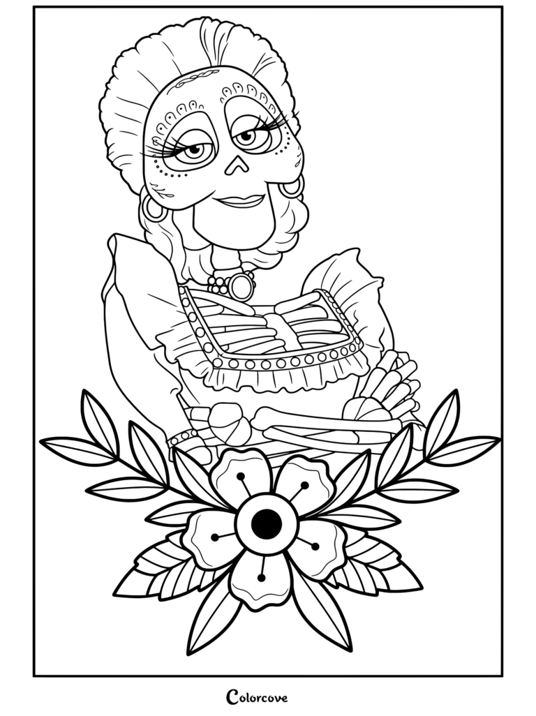 Dibujo para colorear de retrato de esqueleto de Mamá Imelda de Coco con un vestido morado y gráfico de flor de cempasúchil