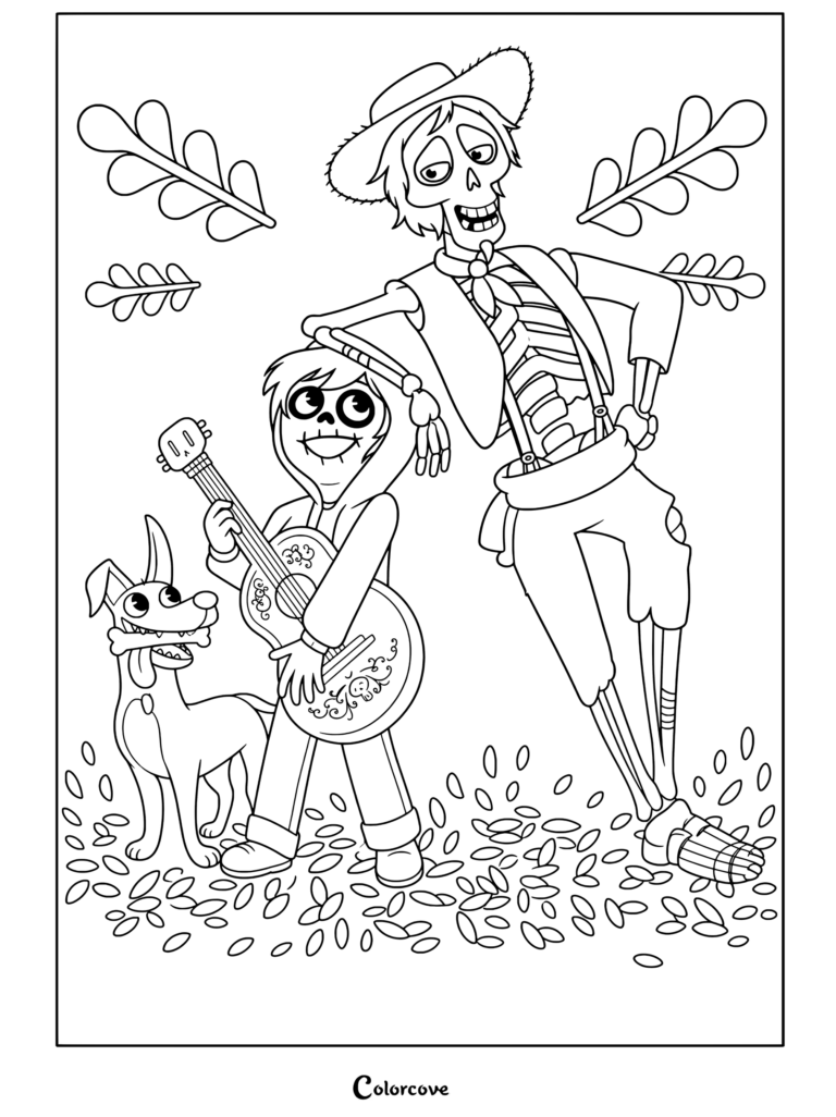 Dibujo para colorear de Miguel y Héctor de Coco posando felices con el perro Dante y una guitarra