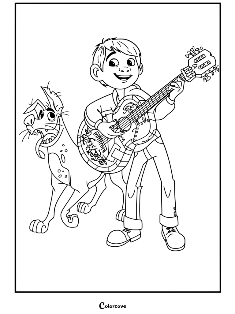 Página para colorear imprimible de Miguel Rivera tocando su guitarra blanca ornamentada mientras su fiel perro Xoloitzcuintli Dante está de pie a su lado en Coco.