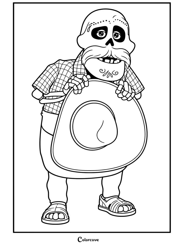 Dibujo para colorear de Chicharrón como esqueleto sosteniendo un sombrero de paja, usando una camisa azul a cuadros y un delantal marrón, de Coco.