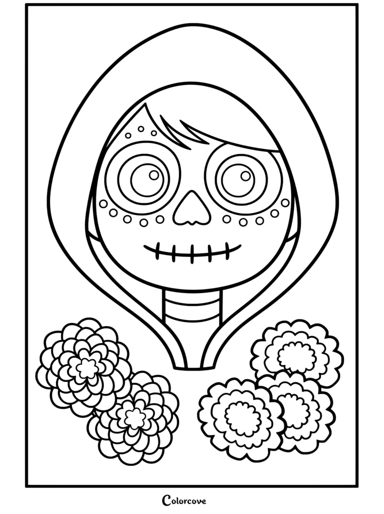 Dibujo para colorear imprimible de Miguel Rivera con la cara pintada de esqueleto en una sudadera roja rodeado de flores de cempasúchil de Coco.