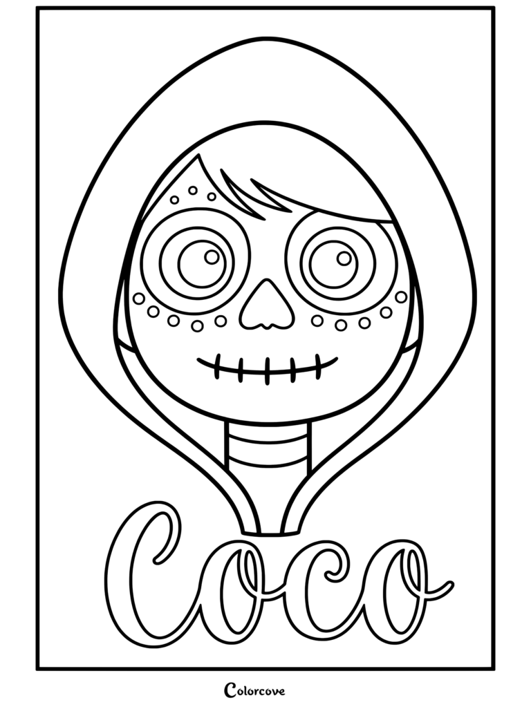 Dibujo para colorear terminado de Miguel Rivera con la cara pintada de esqueleto usando una sudadera roja con texto de coco