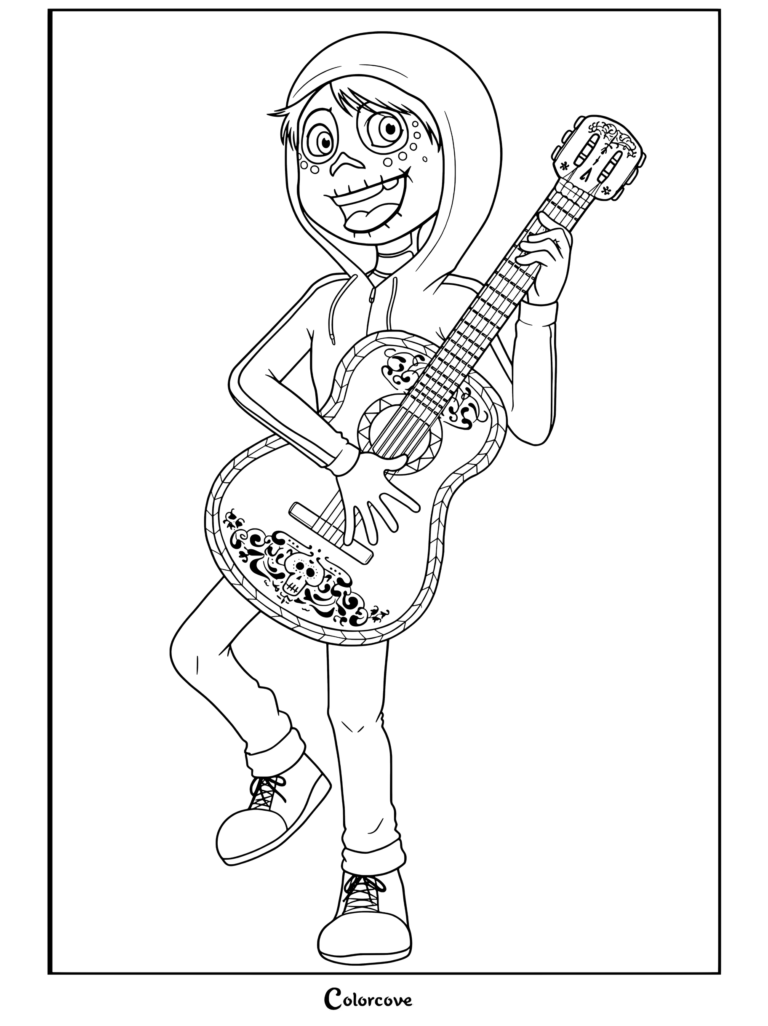 Dibujo para colorear imprimible gratuito de Coco con Miguel Rivera usando una sudadera roja con la cara pintada de esqueleto, tocando una guitarra blanca ornamentada.