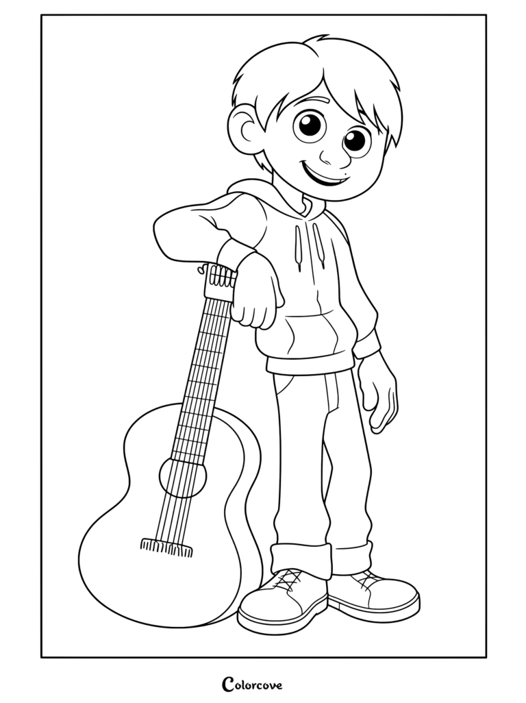 Dibujo para colorear imprimible gratuito de Coco con Miguel Rivera de pie con orgullo en una sudadera y vaqueros azules, recostado sobre su guitarra blanca decorada con calaveras.