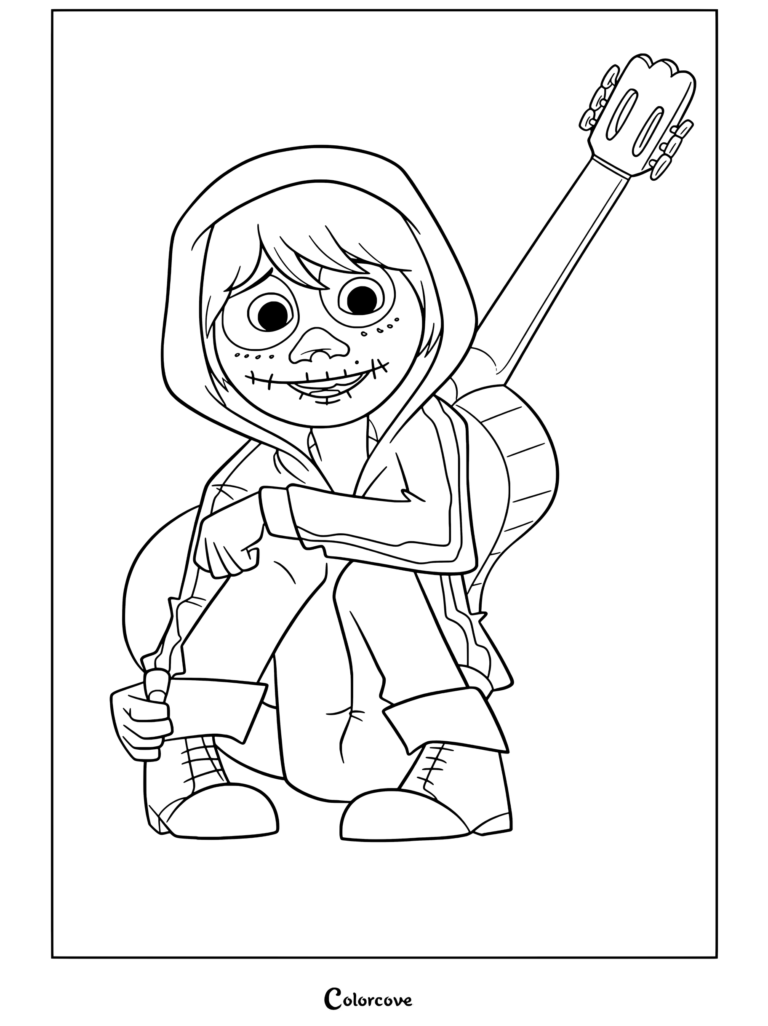 Dibujo para colorear imprimible de Miguel Rivera con sudadera roja y la cara pintada de esqueleto sentado con una guitarra acústica de Coco
