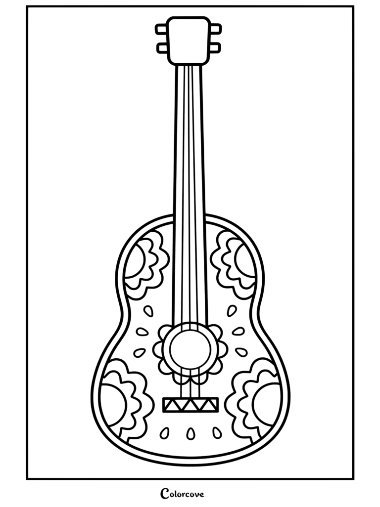 Dibujo para colorear imprimible gratuito de la guitarra de Miguel decorada con coloridos patrones de calaveras de azúcar y motivos florales de cempasúchil de Coco