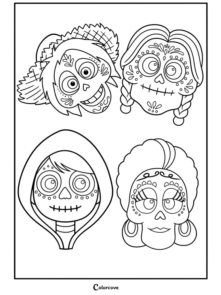 Dibujo para colorear imprimible de Coco con máscaras de calavera de azúcar de Miguel, Mamá Coco e Imelda.
