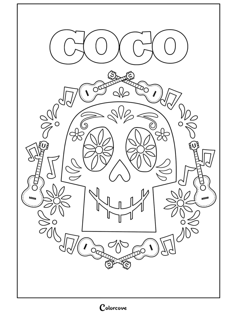 Dibujo para colorear de calavera de azúcar del Día de los Muertos de Coco rodeada de guitarras y notas musicales.
