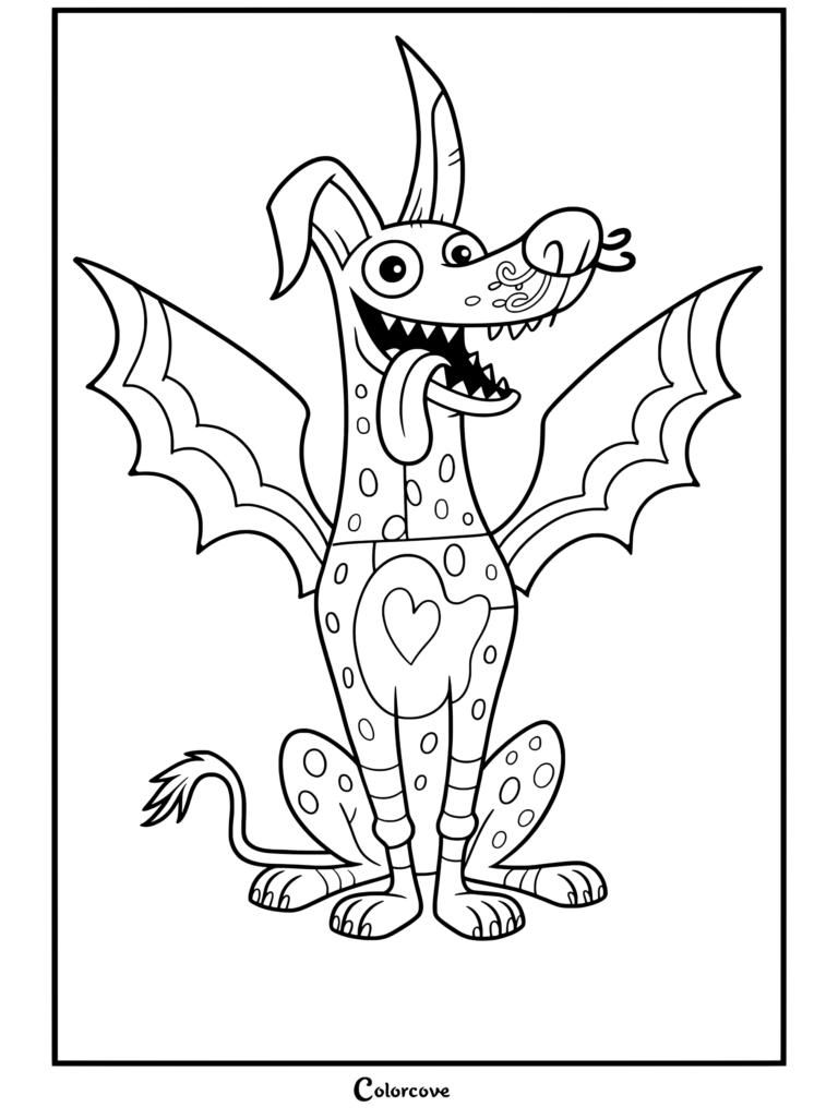 Dibujo para colorear de Dante como alebrije de Coco, perro colorido con alas y cuernos sonriendo con la lengua fuera