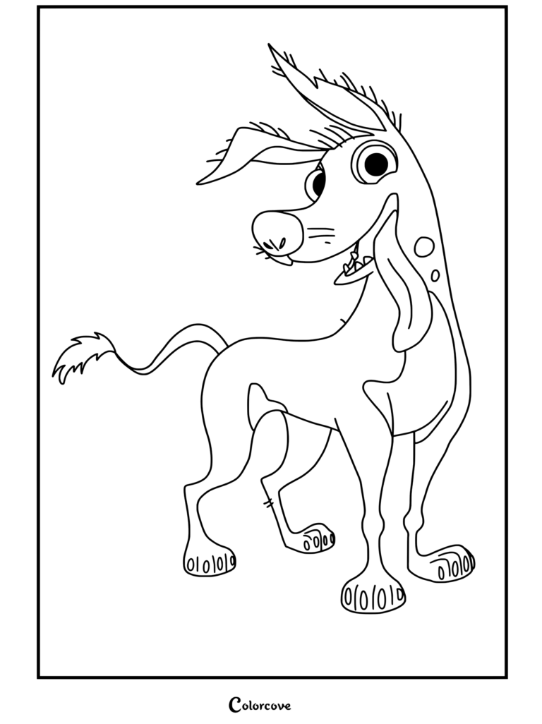 Dante, el perro Xoloitzcuintli de Coco, sonriendo feliz con la lengua fuera, presentado como dibujo para colorear.