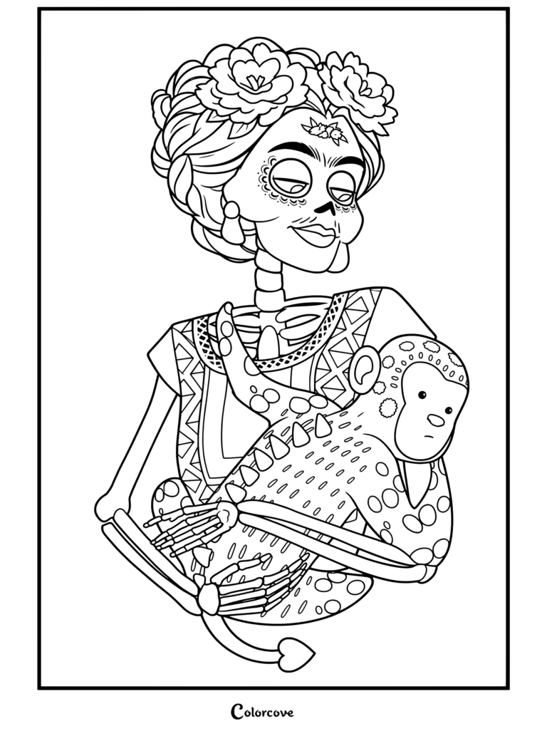 Dibujo para colorear gratuito de Coco con Mamá Imelda en estilo esqueleto de Frida Kahlo sosteniendo un mono con cabello floral