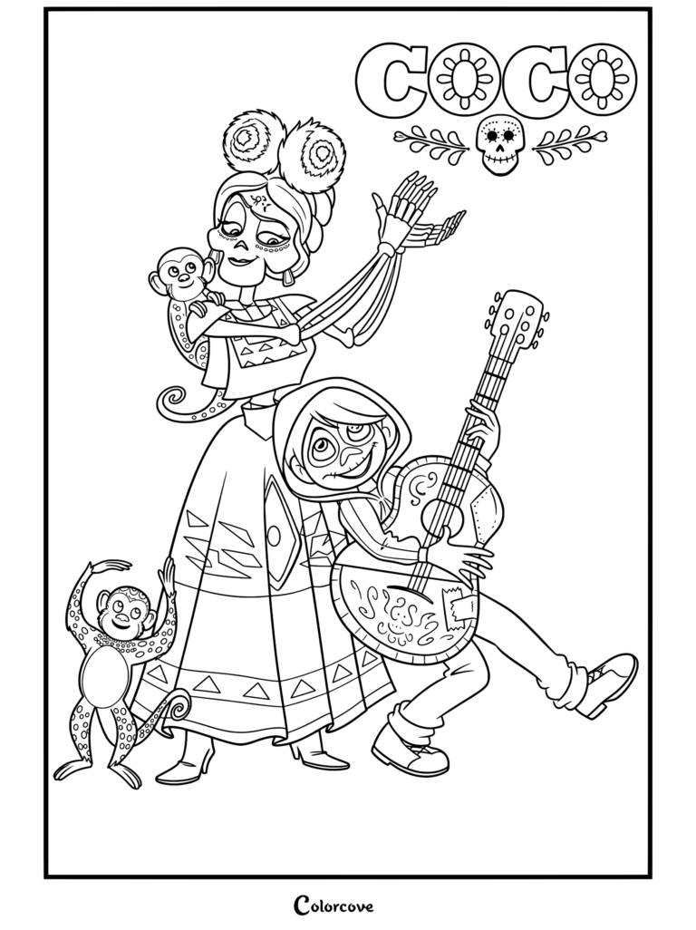 Dibujo para colorear imprimible gratuito de Coco con una mujer esqueleto al estilo de Frida Kahlo y Miguel tocando la guitarra con guías espirituales en forma de mono.