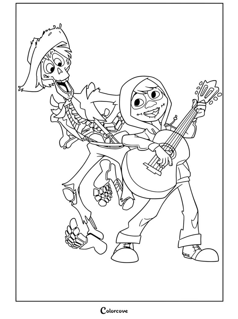 Dibujo para colorear de Héctor y Miguel como esqueletos bailando y tocando la guitarra de Coco.
