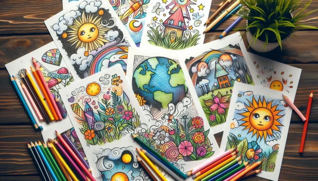 Coloring pages with vibrant designs, colored pencils, and plant on wooden table - creativity and art concept.