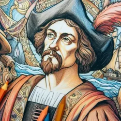 Coloring page of a historical man with a feathered hat, surrounded by colorful pencils and detailed background elements.