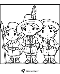 Coloring page featuring three cute cartoon Pilgrims dressed in traditional attire with hats, belts, and a spear.