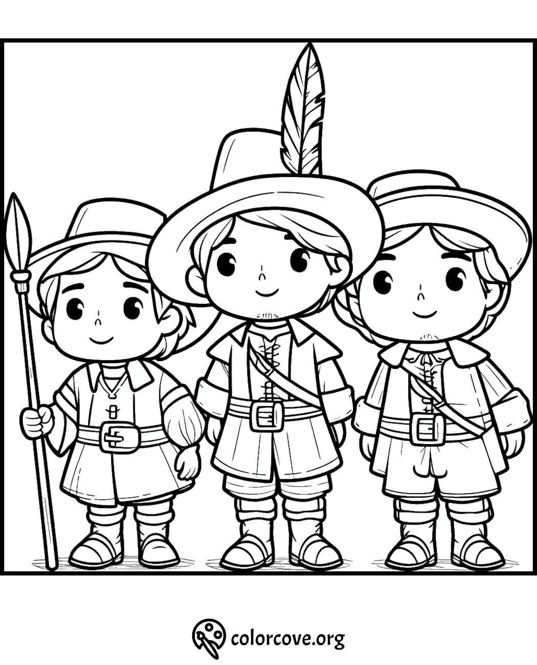 Coloring page featuring three cute cartoon Pilgrims dressed in traditional attire with hats, belts, and a spear.