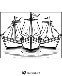 Coloring page of three sailing boats floating on water with sails and flags, ready to be colored. Image source: colorcove.org.