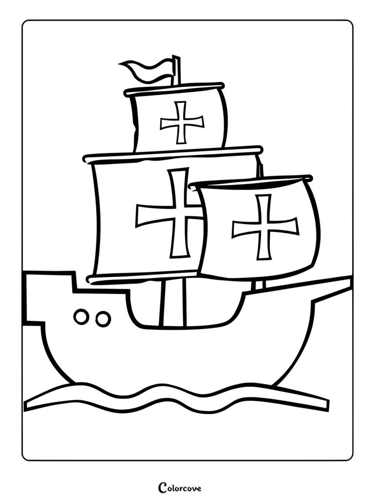 Santa Maria ship coloring page for Columbus Day featuring sails with crosses.