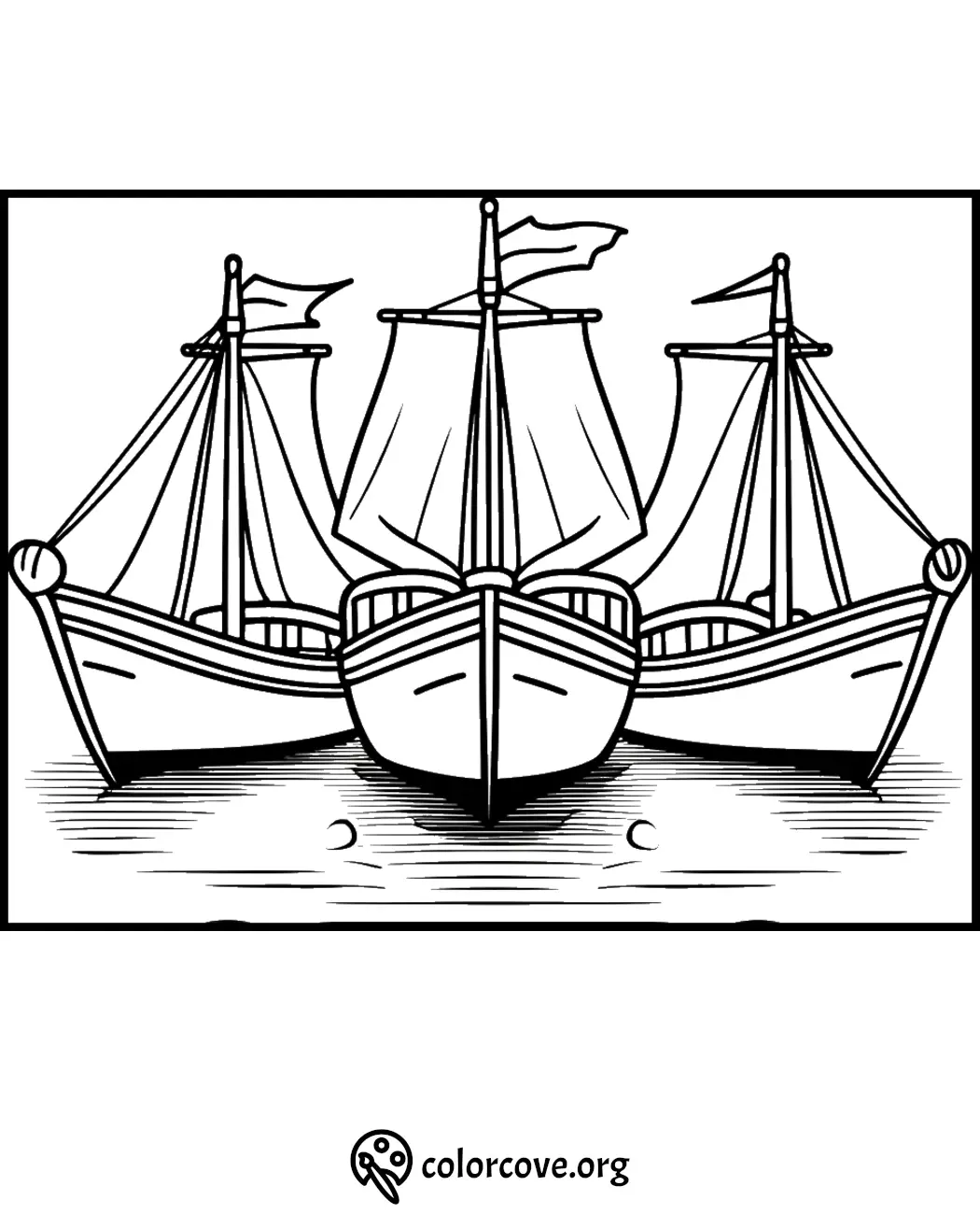 Coloring page of three sailing boats floating on water with sails and flags, ready to be colored. Image source: colorcove.org.