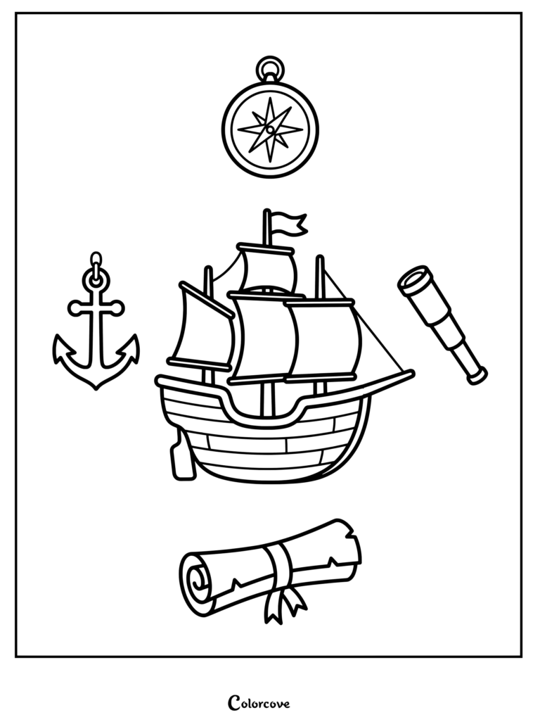 A sailing ship surrounded by a compass, anchor, spyglass, and scroll for a Columbus Day coloring page.