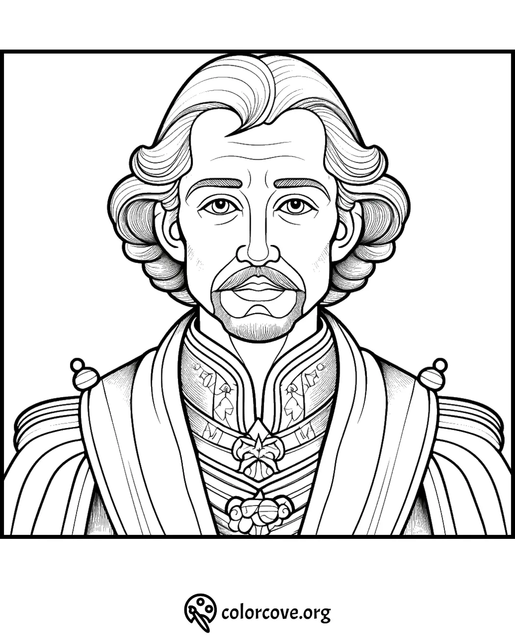 Line art of a regal man with curly hair in an ornate outfit, designed for coloring. Coloring page from colorcove.org.