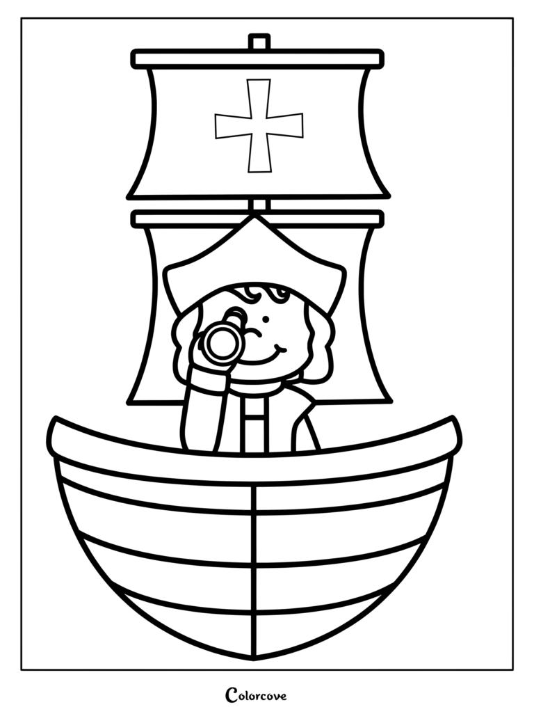 Columbus Day coloring page featuring an explorer looking through a telescope on a ship.