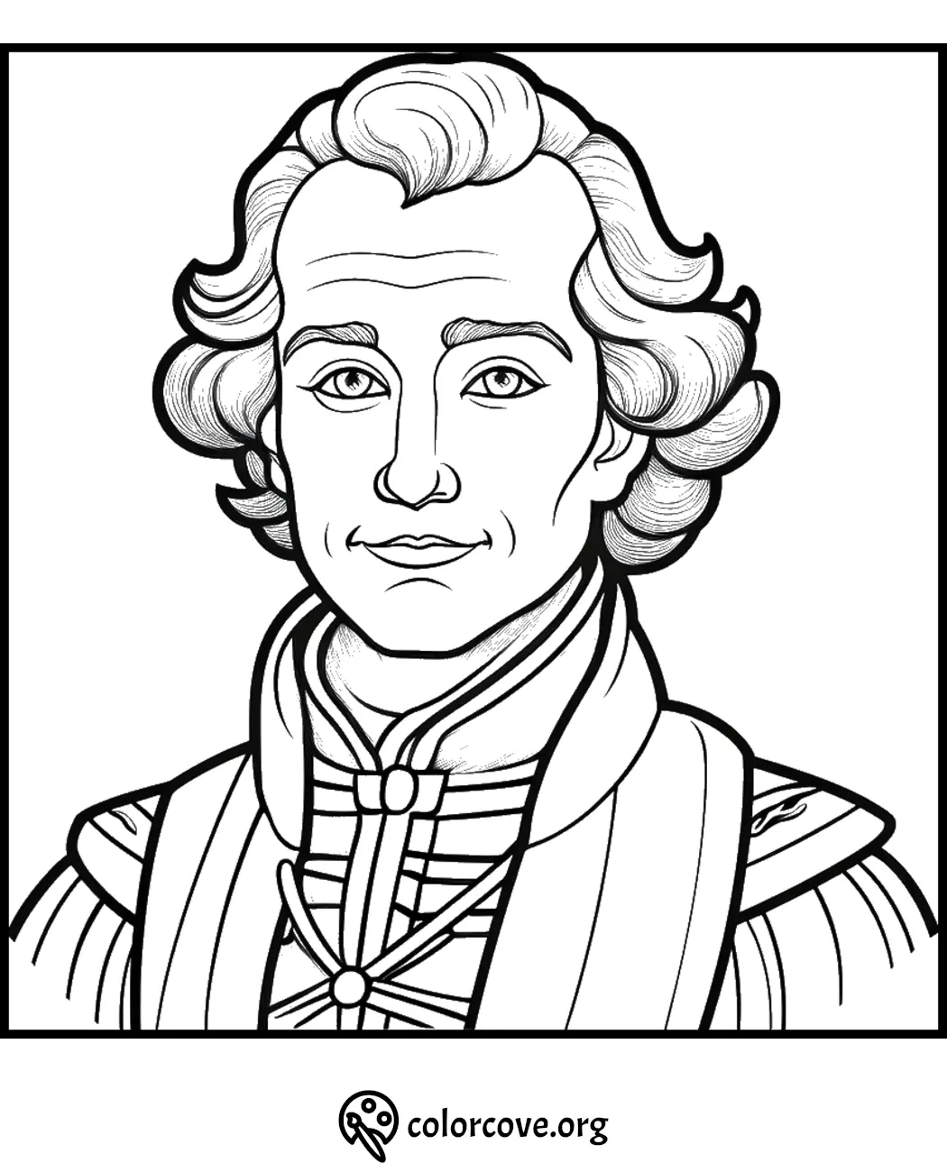 Historical figure coloring page featuring a detailed portrait of a man with wavy hair, wearing a patterned jacket.