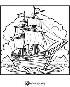 Coloring page of a sailing ship with billowing sails on ocean waves, mountains and clouds in the background from colorcove.org.
