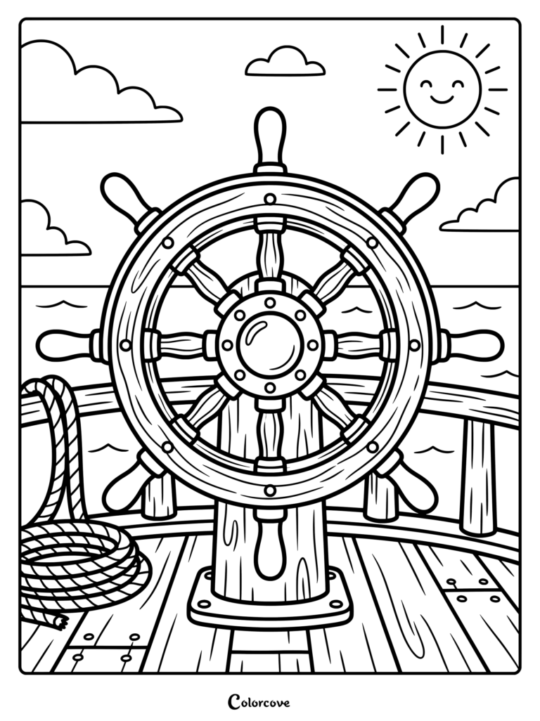 Ship steering wheel on a wooden deck coloring page celebrating Columbus Day.