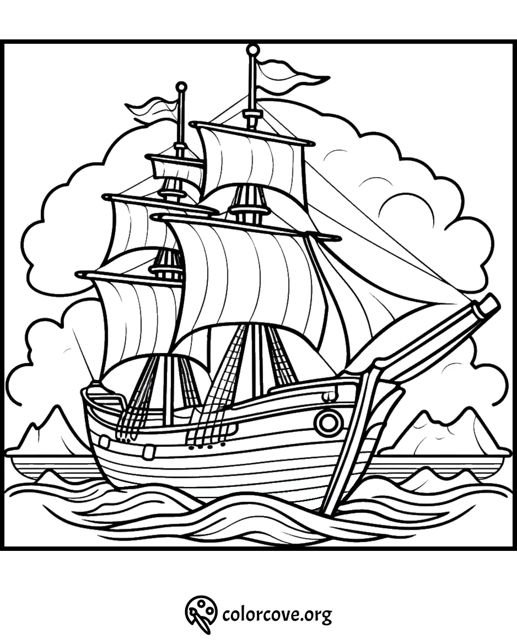 Coloring page of a sailing ship with billowing sails on ocean waves, mountains and clouds in the background from colorcove.org.