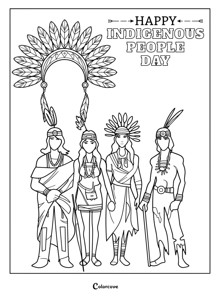 Columbus Day coloring page featuring four people in traditional regalia and a large feathered headdress.